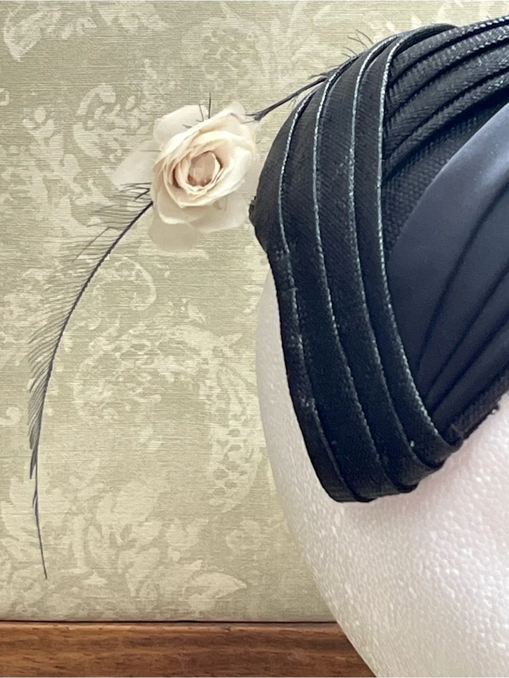 Vintage 1950s The Fashion Black Pleated Half Hat Turban Feather Fascinator